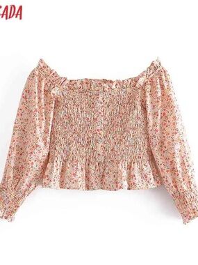 ZARA Smocked Off-Shoulder Floral Peasant Top - Pink SIZE L NWT